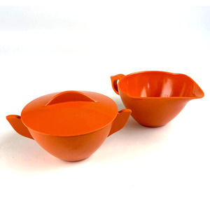 Vintage Mid Century Modern Laguna Orange Melamine Sugar Bowl And Creamer